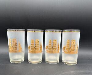 Vintage Culver Gold Clipper Ships Frosted Highball Glass Set of 4
